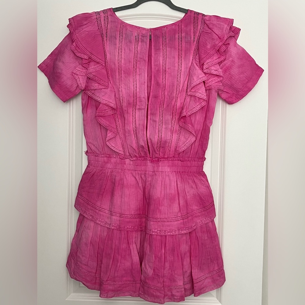 LoveShackFancy Natasha ruffled tiered mini dress dark pink lined elastic waist L - Picture 2 of 8